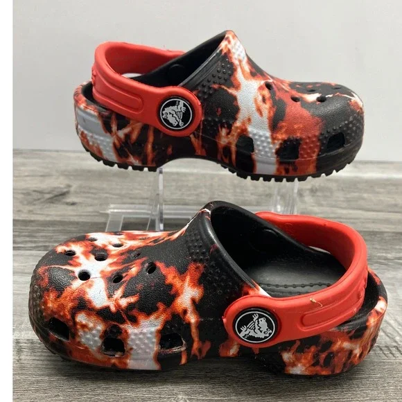 Crocs Toddler C5 Classic Clog Fire Tie Dye Red Black Flame Slip On Shoes - Picture 2 of 7